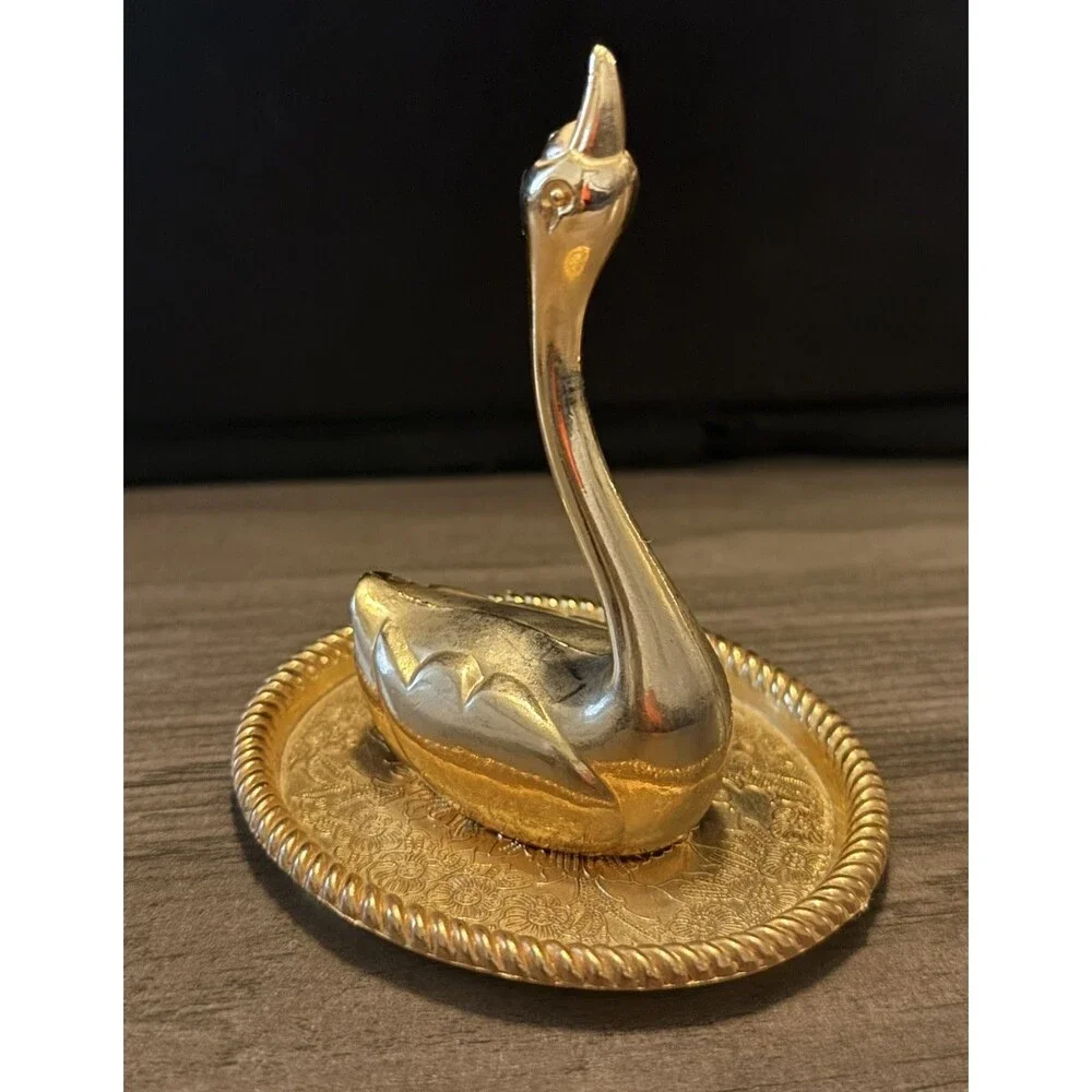 Vintage Swan Ring Jewelry Holder with Gold Tone Floral Embossed Basetray